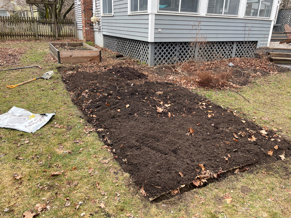 Expanding the lasagna garden in March 2023 with cardboard, leaves, and finished compost.