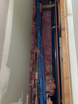 Ethernet cables running through a plumbing chase.