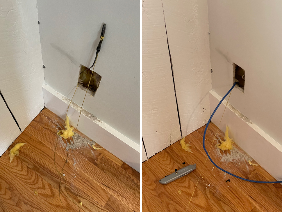 On the left, the electrician's snake is taped to string and the snake is able to push through the fiberglass insulation into the hole in the drywall. Then, the string can be used to fish the ethernet cable through the hole.