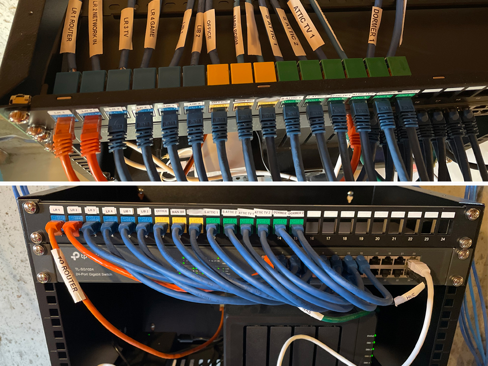 Patch panel with colored keystone jacks corresponding to floor.