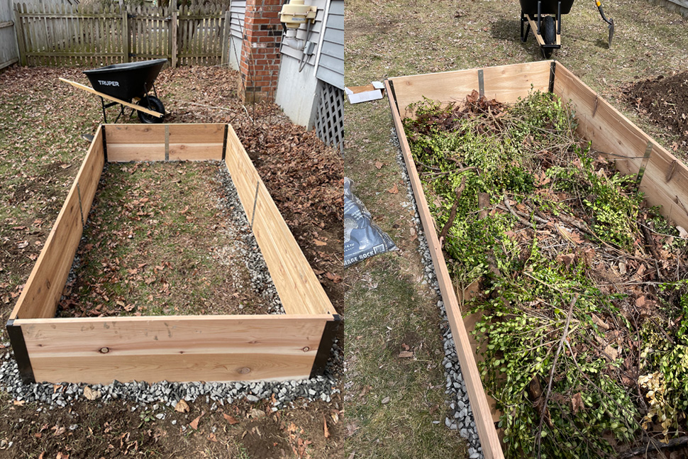 The empty raised bed on a bed of gravel, and then beginning to fill it with woody material.