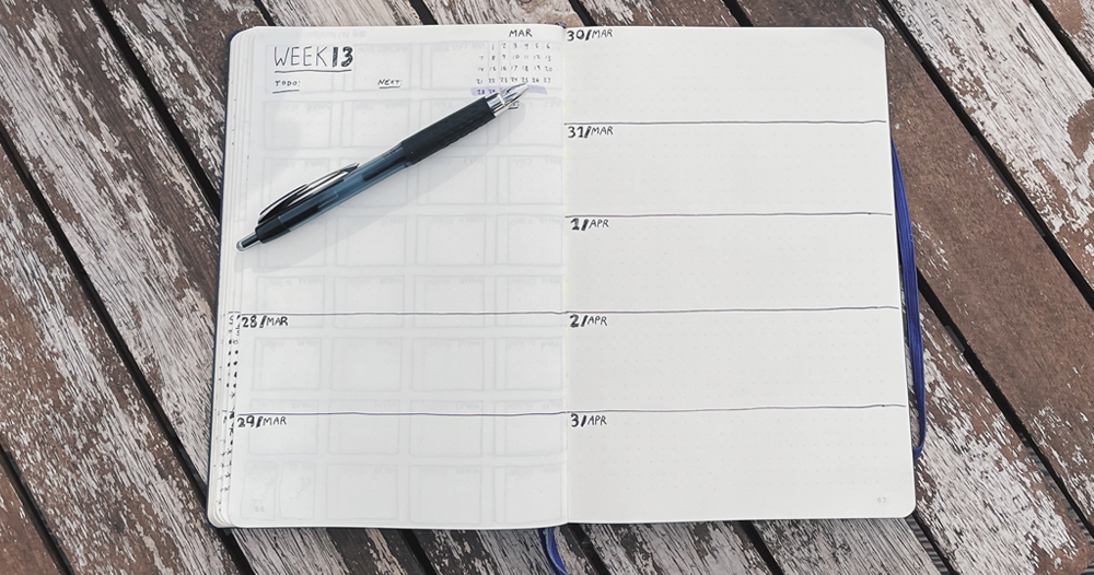 The empty weekly spread of my bullet journal.